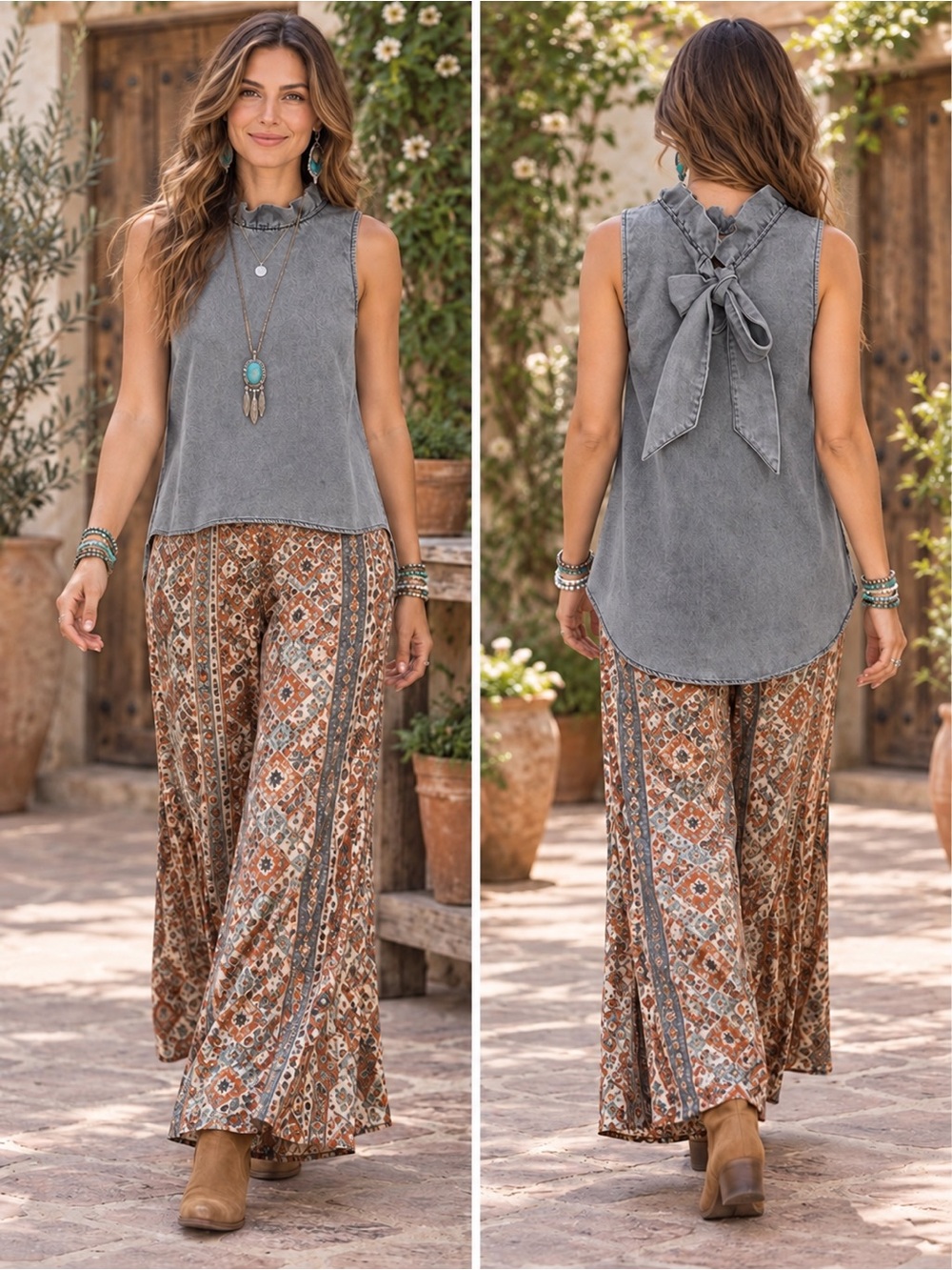 H113 NWT NoaBoa S ptp17 Sleeveless Denim Bow Tie Back High Low Top